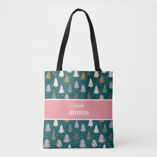 Plaid Patterned Christmas Trees pattern Monogram Tote Bag (Front)