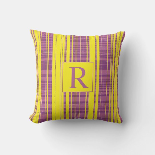 Plaid Patterns Stripes Monogram Purple Yellow Cushion (Front)