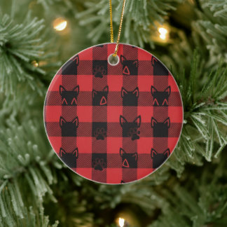 Plaid Paws Buffalo Plaid with Cat Ears and Paw Ceramic Tree Decoration