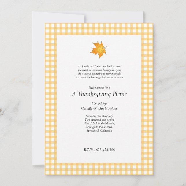 Plaid Picnic Thanksgiving Party Invitation (Front)