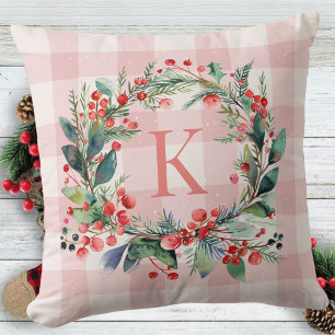 Plaid Pink Monogram Greenery Christmas Wreath Cushion