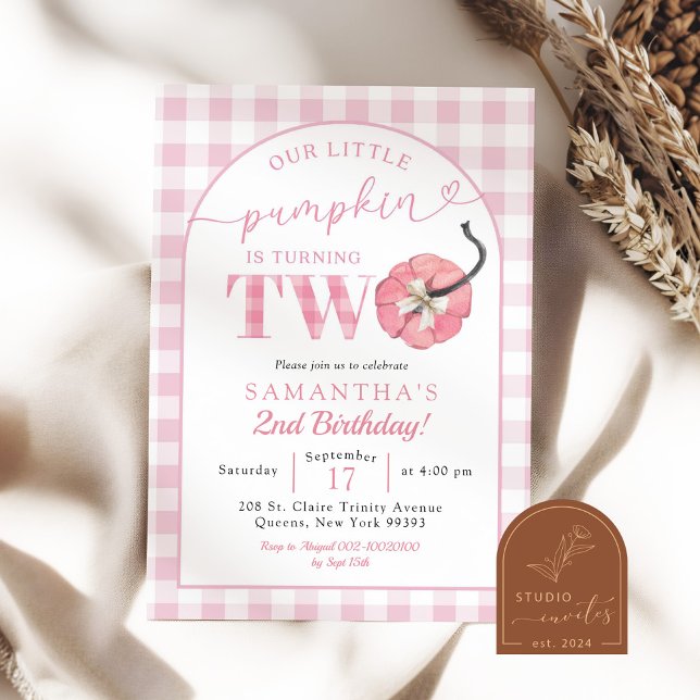 Plaid Pink Preppy Pumpkin 2nd Birthday Invitation (Creator Uploaded)