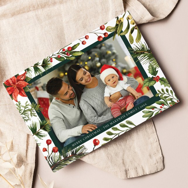 Plaid Poinsettia Botanical Family Photo Tartan Holiday Card (Plaid Clan MacKenzie Tartan Christmas Greetings Card)