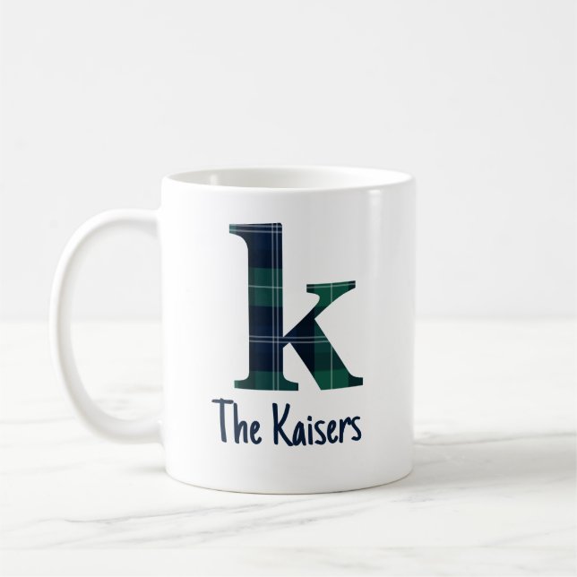 Plaid Print Lowercase Letter k Initial and Name Coffee Mug (Left)