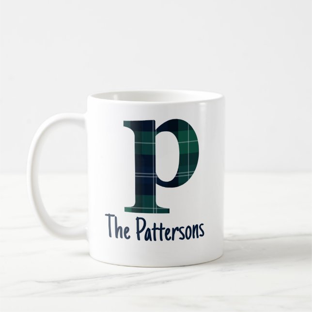 Plaid Print Lowercase Letter p Initial and Name Coffee Mug (Left)