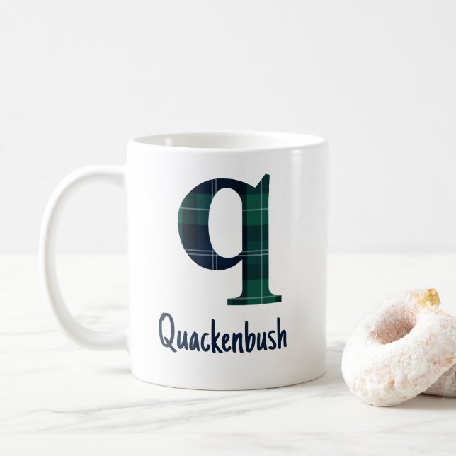 Plaid Print Lowercase Letter q Initial and Name Coffee Mug (With Donut)