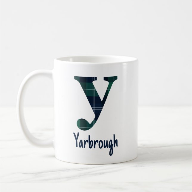 Plaid Print Lowercase Letter y Initial and Name Coffee Mug (Left)