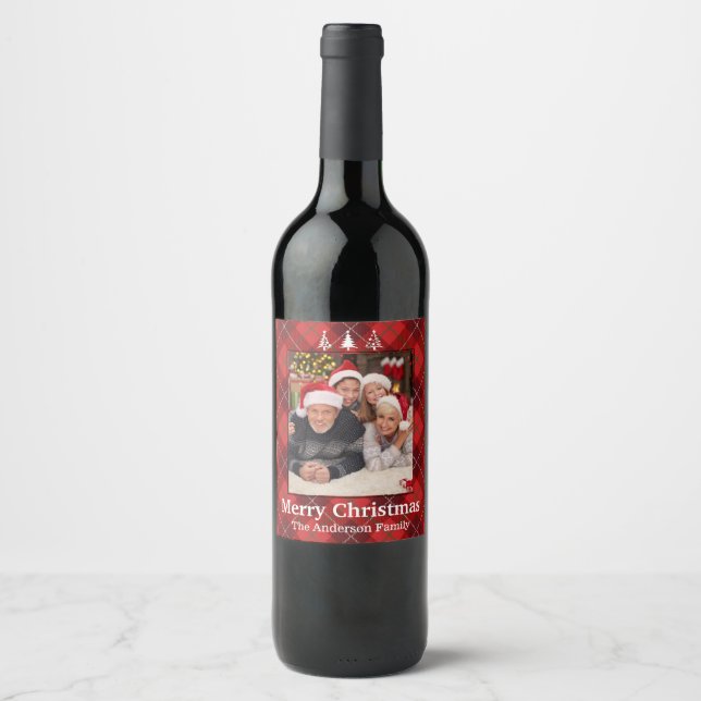 Plaid & Print Personalised Christmas Photo Wine Label (Front)