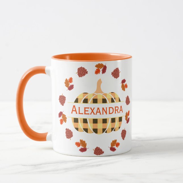 Plaid Pumpkin And Fall Leaves Mug (Left)
