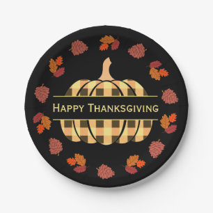 Plaid Pumpkin And Fall Leaves Paper Plate