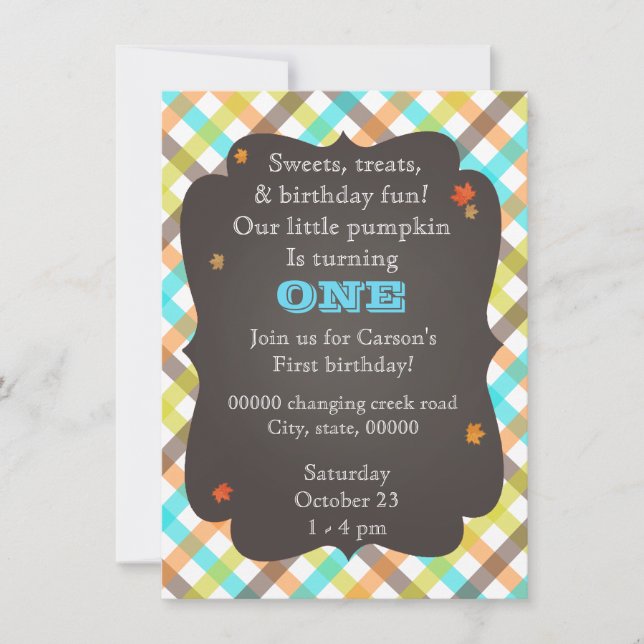 Plaid pumpkin first birthday invitation! invitation (Front)