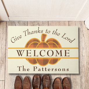 Plaid Pumpkin Give Thanks to the Lord Thanksgiving Doormat