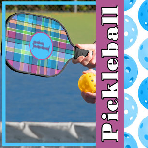 Plaid Purple Green Yellow Turquoise Personalised Pickleball Paddle