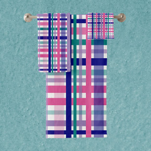 Plaid Purple Pink Navy Blue Teal Bath Towel Set