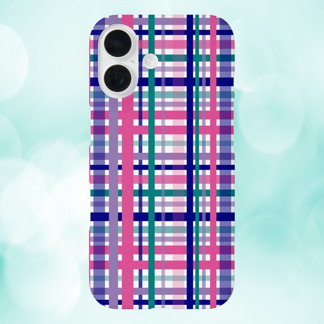 Plaid Purple Pink Teal Navy Blue Pattern Case-Mate iPhone Case (A phone case with a plaid pattern done in pink, purple, teal and navy blue.)