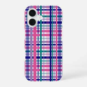 Plaid Purple Pink Teal Navy Blue Pattern iPhone 16 Case