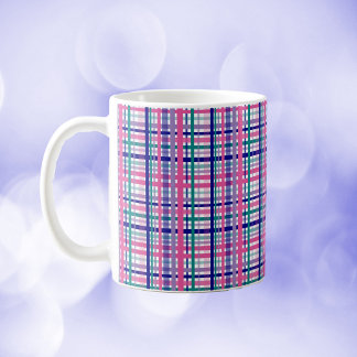 Plaid Purple Teal Navy Blue Pink White Coffee Mug