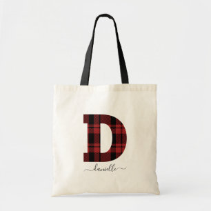 Plaid Red and Black Monogram Letter "D" Tote Bag