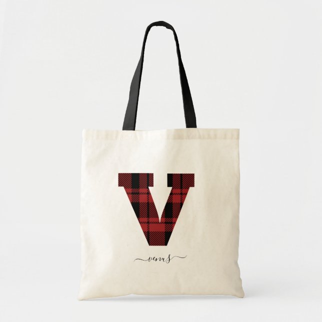 Plaid Red and Black Monogram Letter "V” Name Tote Bag (Front)