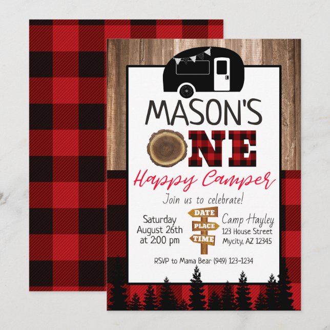 Plaid red and black One Happy Camper Boys Camping Invitation (Front/Back)