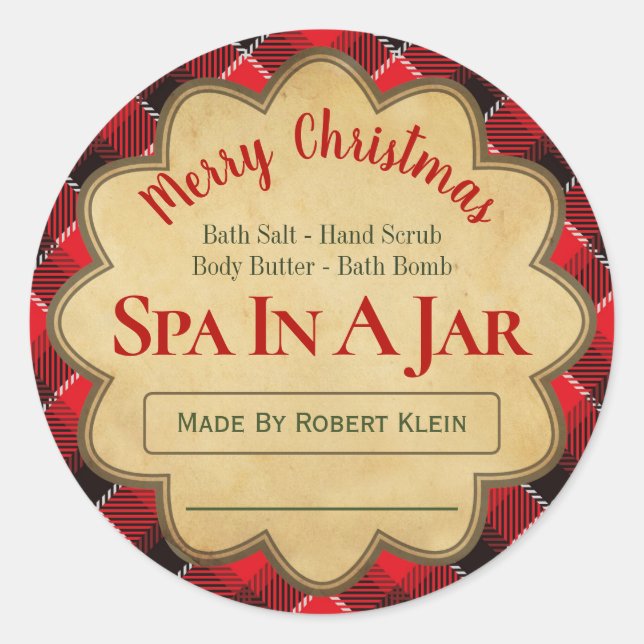 Plaid Red Black Christmas Spa In A Jar Ideas Classic Round Sticker (Front)