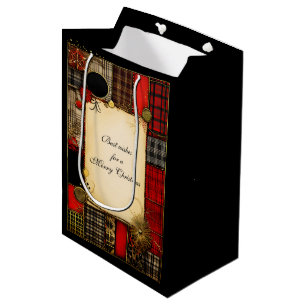 Plaid Red Black Gold Christmas Greeting Medium Gift Bag