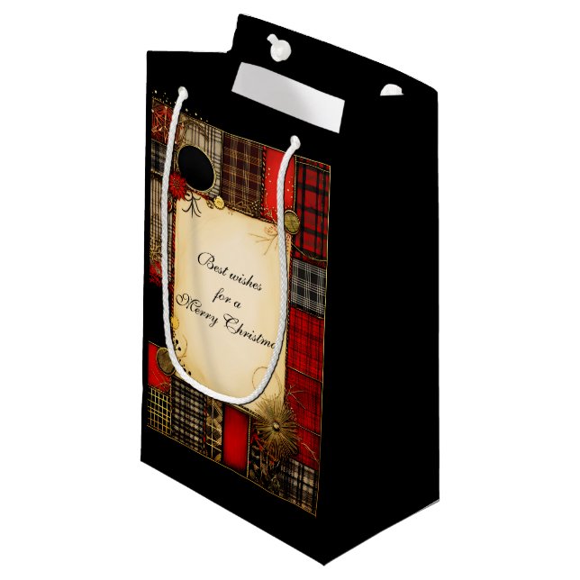 Plaid Red Black Gold Christmas Greeting Small Gift Bag (Front Angled)