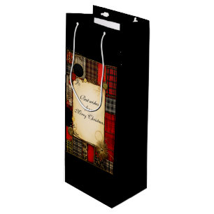 Plaid Red Black Gold Christmas Greeting Wine Gift Bag