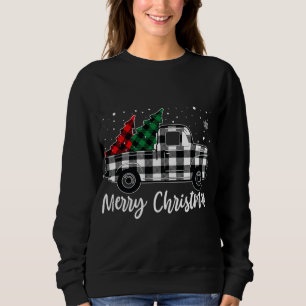 Plaid Red Black Truck Riding Tree Merry Christmas Sweatshirt