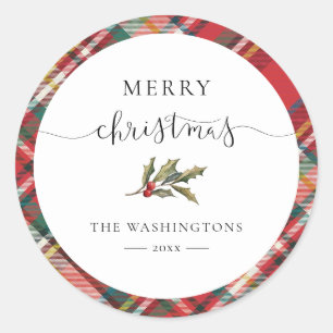 Plaid Red Check Elegant Merry Christmas Farmhouse Classic Round Sticker