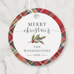 Plaid Red Check Elegant Merry Christmas Holidays Favour Tags