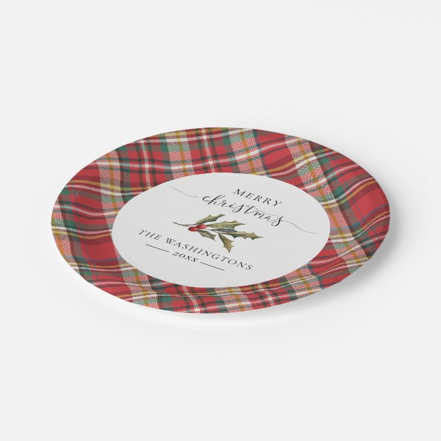 Plaid Red Check Rustic Merry Christmas Farmhouse Paper Plate (Angled)