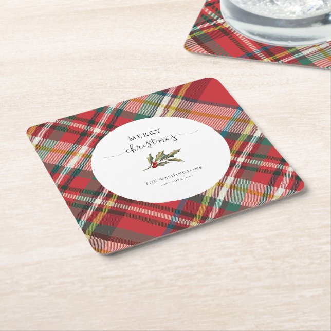 Plaid Red Check Rustic Merry Christmas Farmhouse Square Paper Coaster (Angled)