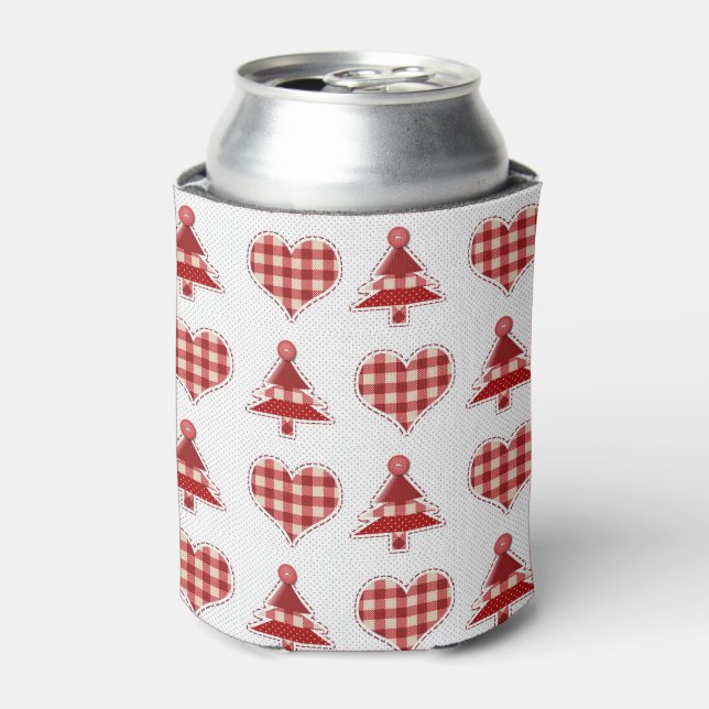 Plaid Red Christmas Trees and Hearts Pattern Can Cooler (Can Front)