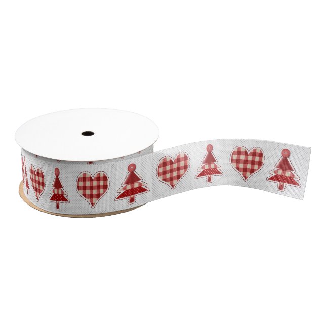 Plaid Red Christmas Trees and Hearts Pattern Grosgrain Ribbon (Spool)