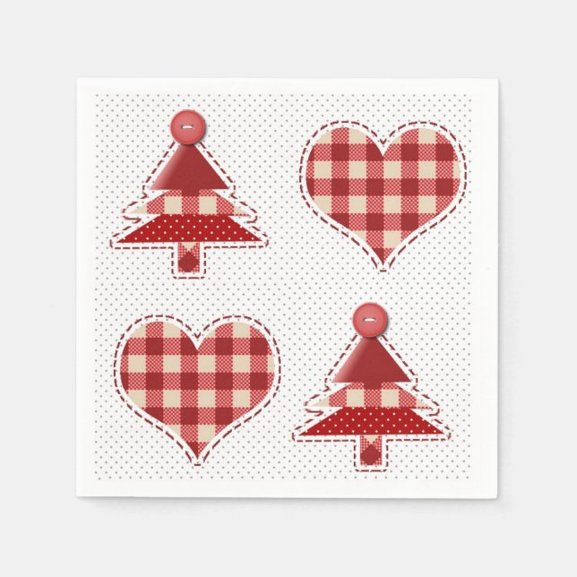 Plaid Red Christmas Trees and Hearts Pattern Napkin (Front)
