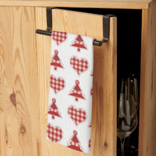 Plaid Red Christmas Trees and Hearts Pattern Tea Towel