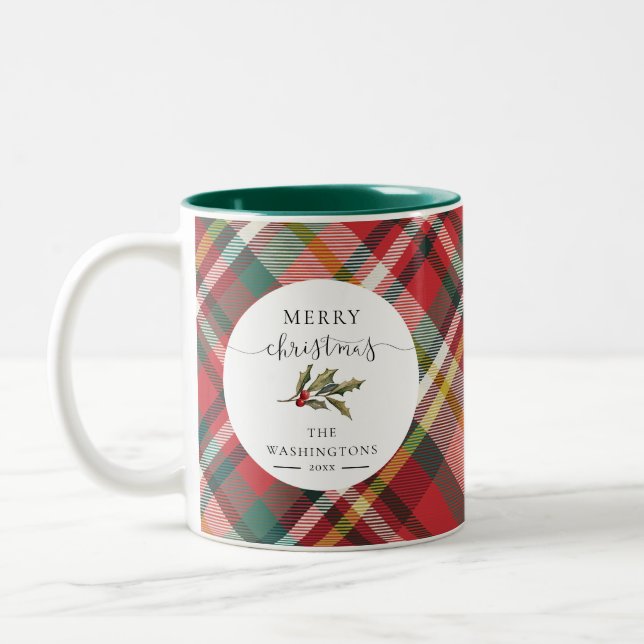 Plaid Red Elegant Merry Family Christmas Swag Two-Tone Coffee Mug (Left)