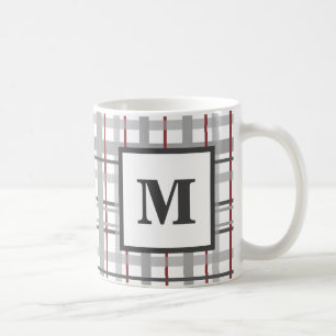 Plaid Red Grey Silver Monogram Coffee Mug