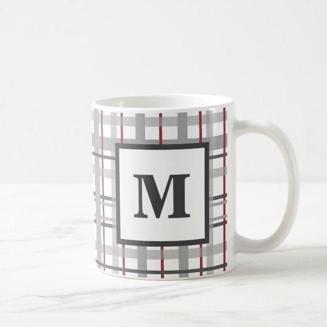 Plaid Red Grey Silver Monogram Coffee Mug (Right)