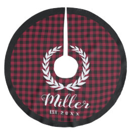 Plaid Red Holiday Name + Year Christmas Brushed Polyester Tree Skirt