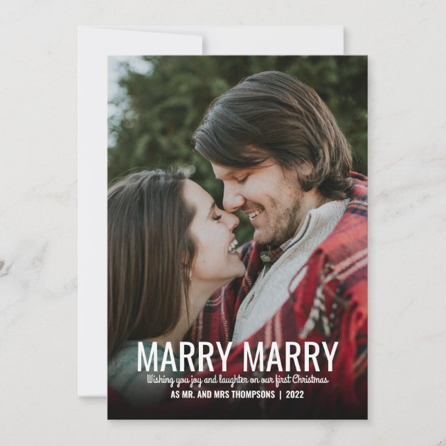 Plaid Red Marry Marry Newly Weds Photo Christmas Holiday Card (Front)