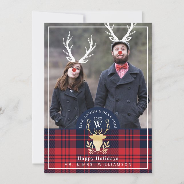 Plaid Red Nose Reindeer Vintage Holiday Photo Card (Front)