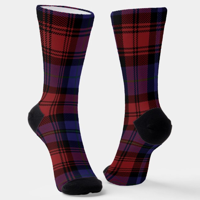 Plaid Red Purple Checkered Rustic Tartan Socks (Angled)