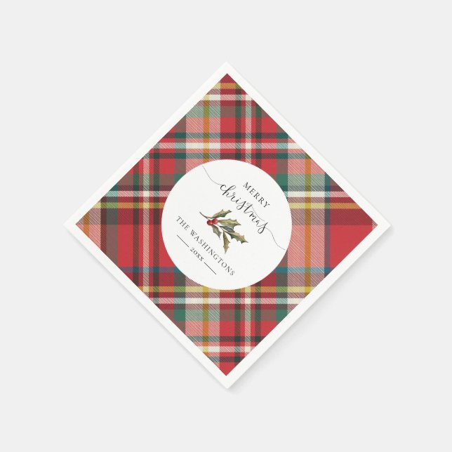 Plaid Red Rustic Merry Christmas Farmhouse Paper Napkin (Corner)