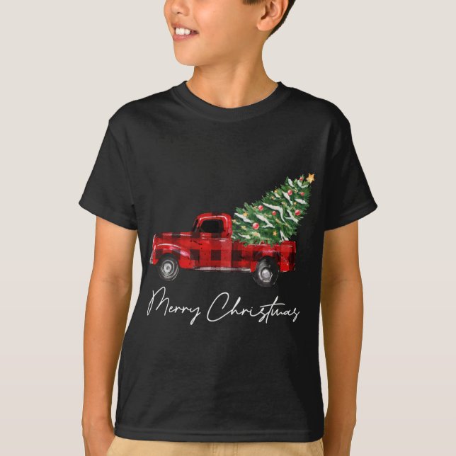 Plaid Red Truck Christmas Merry Christmas Xmas Tre T-Shirt (Front)