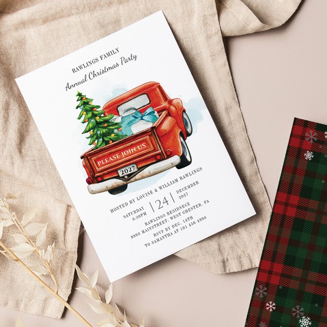 Plaid Red Truck Christmas Party Invitation Flyer (Red Truck Family Christmas Party Invitation)