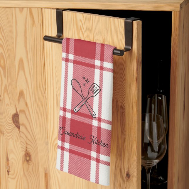 Plaid Red & White Custom Name Gift Tea Towel (Thirds Fold)