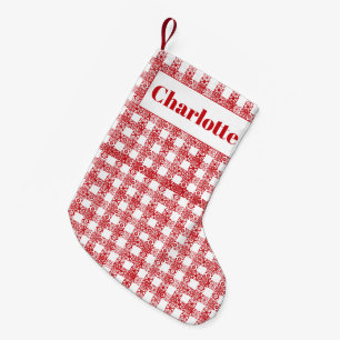Plaid red white lace farmhouse pattern custom name small christmas stocking