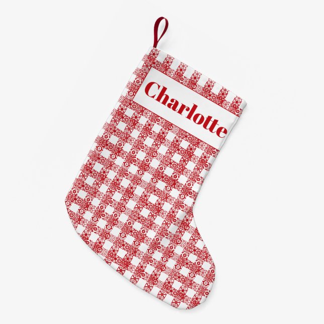 Plaid red white lace farmhouse pattern custom name small christmas stocking (Front (Hanging))